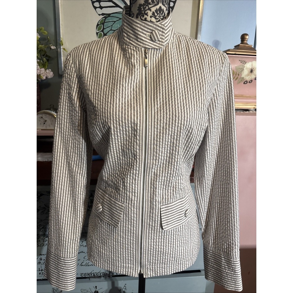 Cutter And Buck Lined Pinstripe Woman's Spring Zip Chambray Jacket Sz M